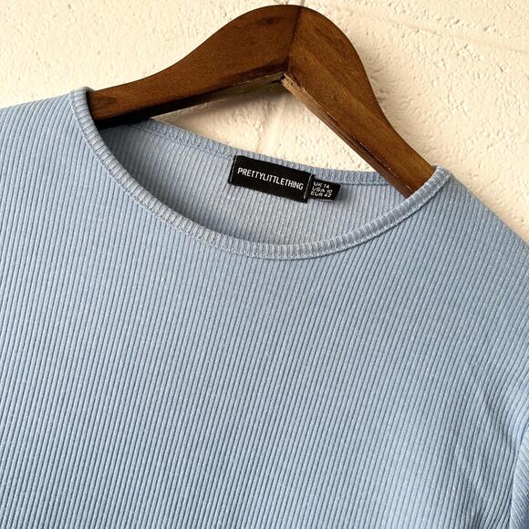 Pretty Little Thing Blue Ribbed Scrunch Long Sleeve Top Blouse Women's Size 10 - Picture 4 of 5